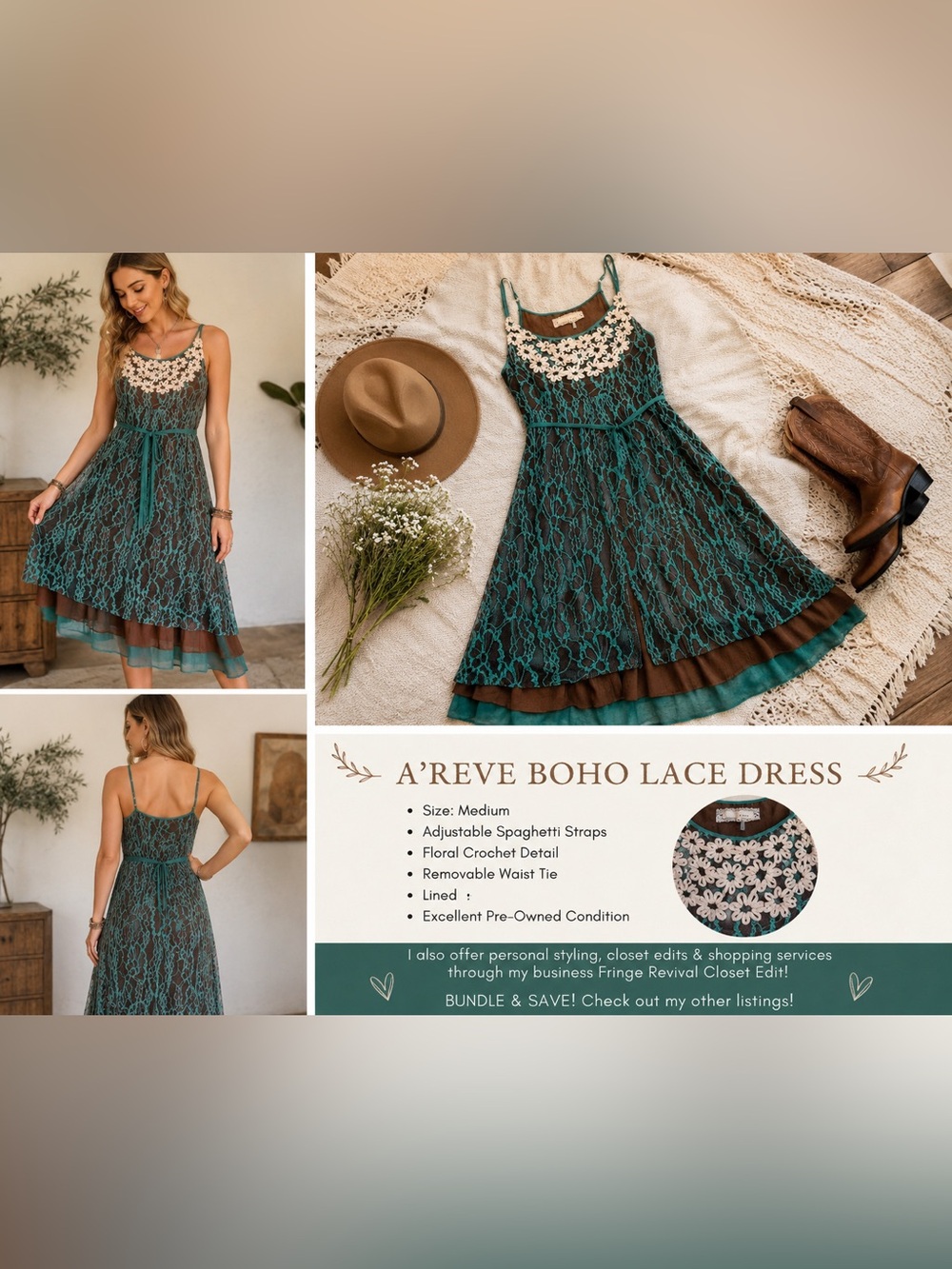 A'Reve Teal & Brown Lace Midi Dress with Floral Crochet Yoke